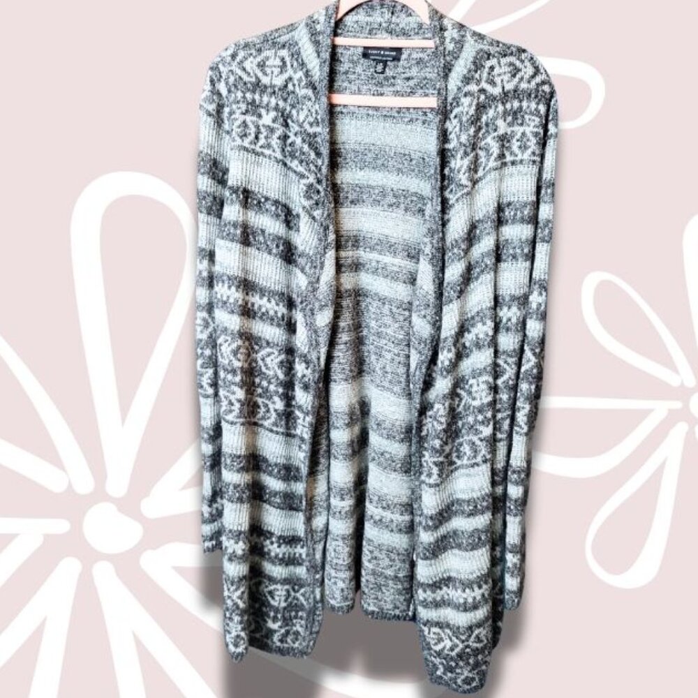 20.$5-L-LUCKY BRAND Cotton Blend Open Front Cardigan Greys/White *Flawed*